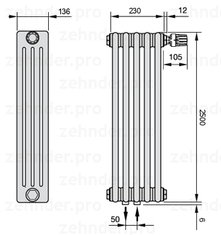 Схема (чертеж) Радиатор Zehnder Charleston 4250/5 №V008 Белый глянцевый RAL 9016